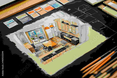 A sketch of an interior design with color swatches and pencil sketches, depicting an apartment in the center of the composition, on black paper, with high detail and high resolution.