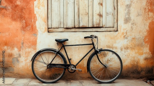 Vintage Bicycle Leaned Against a Rustic Wall photo