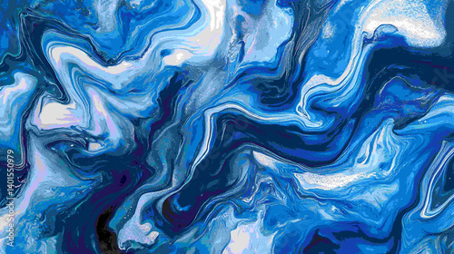 Abstract blue and white marble background with swirling patterns for design, print, or wallpaper. Acrylic fluid art in shades of indigo, sapphire, and silver.