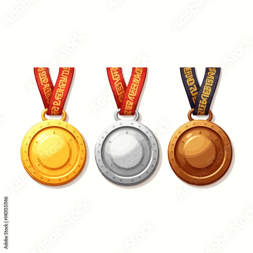Set of gold, silver, and bronze medals with decorative ribbons for award and achievement concepts.