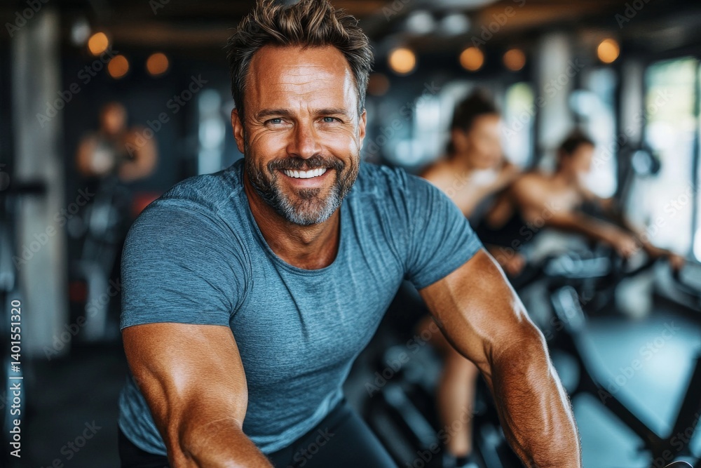 Fototapeta premium A middle-aged, muscular man with a smile on his face, working out on a gym simulator, representing a healthy lifestyle and sports concept