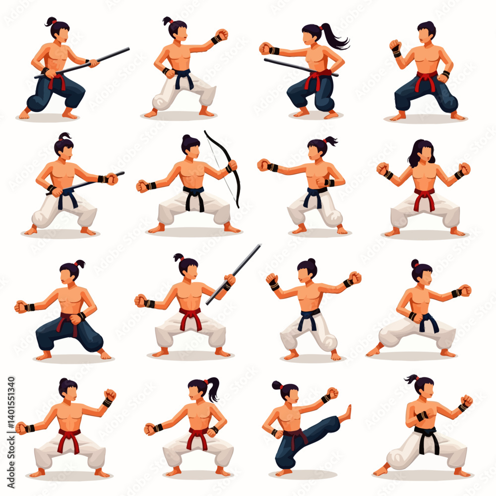 Dynamic martial arts characters in various action poses with weapons, showcasing combat stances and training. Dynamic martial arts characters in various action poses with weapons, showcasing combat stances and training.