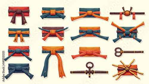 Vector collection of martial arts belt styles with various creative knot and accessory designs in traditional colors.