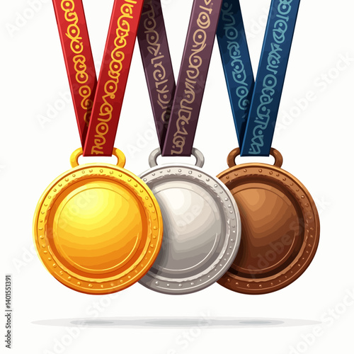 Set of gold, silver, and bronze medals with decorative ribbons for award and achievement concepts.