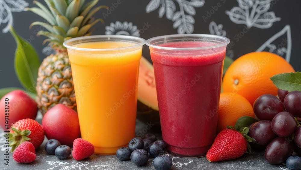 Fresh Fruit Smoothies in Plastic Cups with Assorted Berries and Fruits Fresh Fruit Smoothies in Plastic Cups with Assorted Berries and Fruits