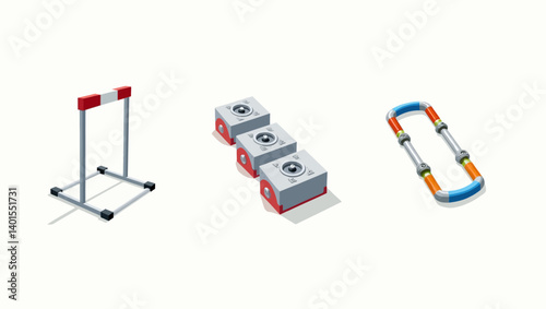 Minimal isometric vector of hurdle, starting blocks, and agility ladder used in athletic sports training.