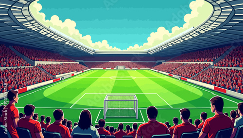 Vibrant football stadium scene with a view from the stands, green pitch, and enthusiastic fans.