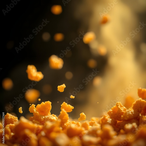Crispy Fried Chicken Crumbs Floating in Air