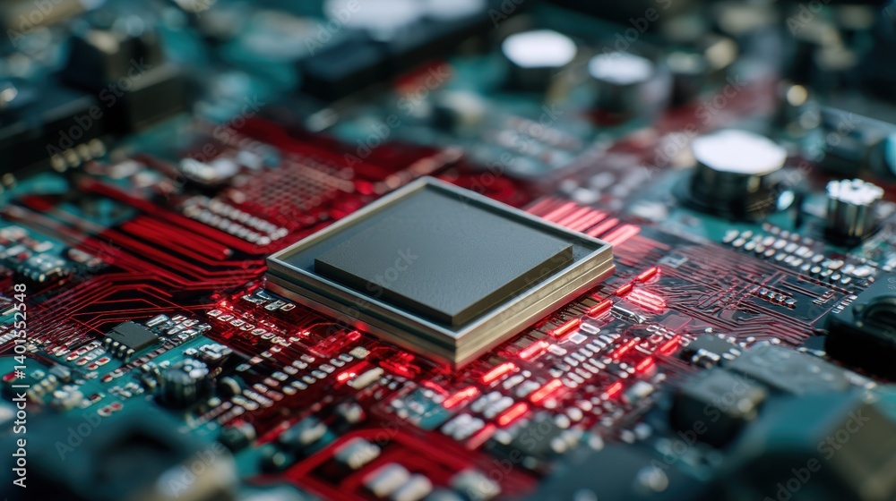 Obraz premium Microprocessor and CPU technology background. Main microchip on the motherboard. Based on Generative AI.