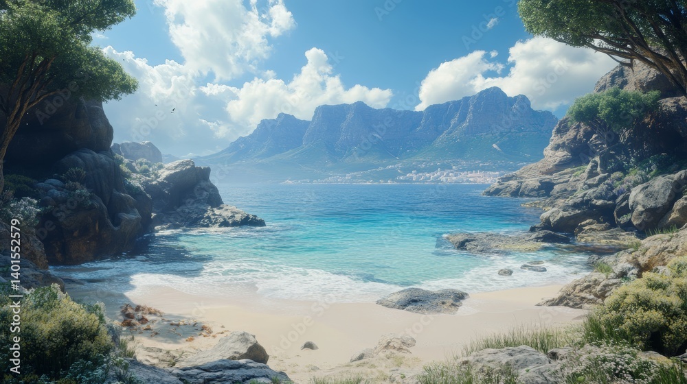 Fototapeta premium Tranquil Beach Landscape With Soft Waves, Rocks, and Clear Sky on a Sunny Day at the Coast
