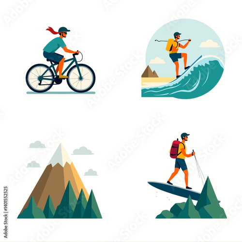 Minimal flat style illustrations of biking, paddle surfing, hiking, and mountain landscapes for outdoor adventure.