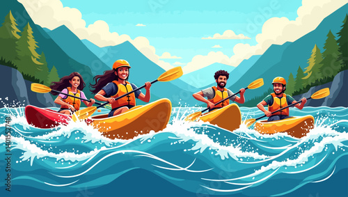 Four people kayaking on a mountain river with splashing waves and scenic landscape, enjoying an adventurous day.