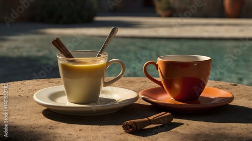 Dos tazas de bebida caliente, una clara con canela y cuchara, otra naranja, sobre una mesa de piedra con canela suelta. Fondo borroso con agua.