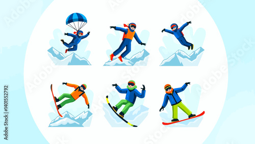 Cartoon set of people enjoying winter sports such as snowboarding, skiing, and paragliding in snowy mountains.