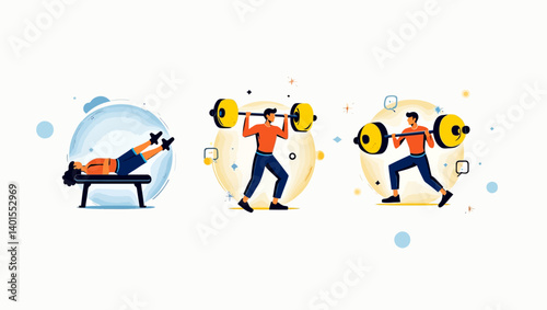 Minimalist illustrations of athletes weightlifting and doing bench press in a flat and colorful style.