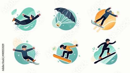 Set of winter sports icons featuring snowboarders and skydivers performing tricks with dynamic movements.