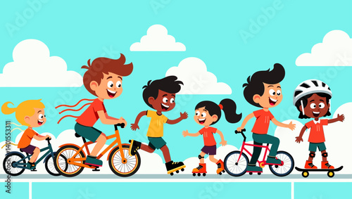 Group of children biking, skating, running, and rollerblading together outdoors in a fun and energetic activity.