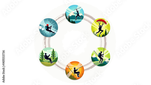Vector circle layout of zipline and adventure park activities with active characters and mountain scenery.