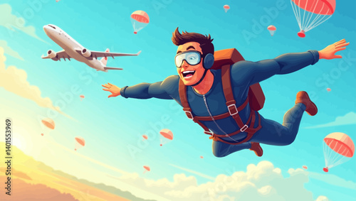 Excited skydiver in mid-air among many parachutes and a flying airplane in a vivid sunset sky.