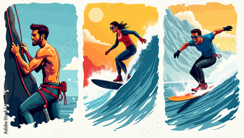 Stylized vector triptych of adventure athletes: climbing a cliff, surfing waves, and snowboarding on icy slopes.