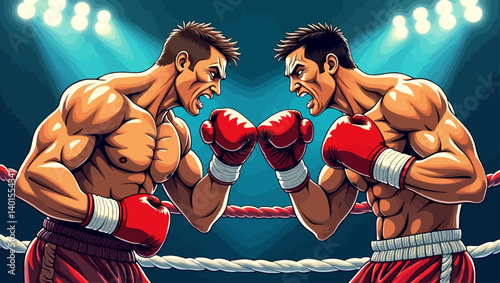 Powerful vector illustration of two muscular boxers facing off in a ring under dramatic lights.