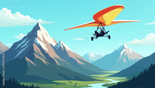 Minimal vector scene of a person gliding with an ultralight aircraft across scenic peaks and a green valley.