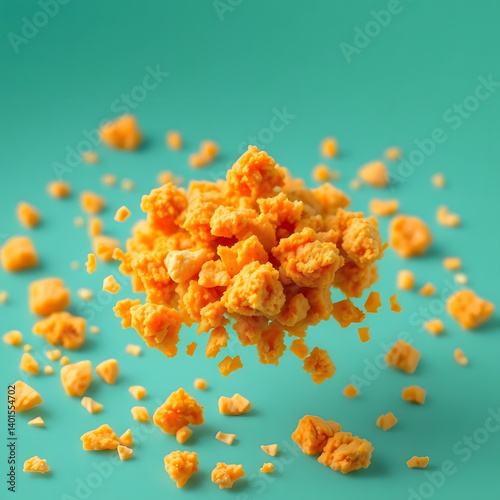 Crispy Fried Chicken Crumbs Floating in Air