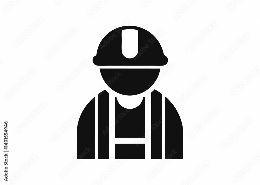 Construction Worker Icon: A stark monochrome icon of a construction worker, depicted with a helmet and overall, is standing straight and presenting reliability and solidity. Construction Worker Icon: A stark monochrome icon of a construction worker, depicted with a helmet and overall, is standing straight and presenting reliability and solidity.
