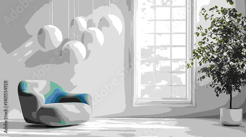 Modern interior design with a sofa, armchair, and coffee table in the living room, with a wall art mock-up. An abstract painting on canvas, a 3D rendering illustration of modern home decor. 