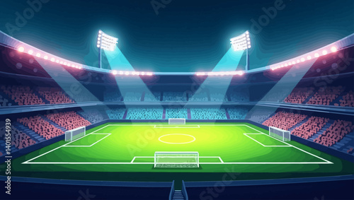 Vector scene of an illuminated football stadium at night with a green pitch and empty stands under bright spotlights.