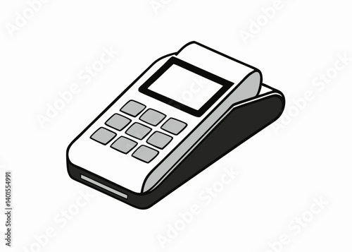 POS terminal, simplified: A modern point-of-sale terminal, depicted in a simple, clean illustration style, perfect for representing financial transactions.
