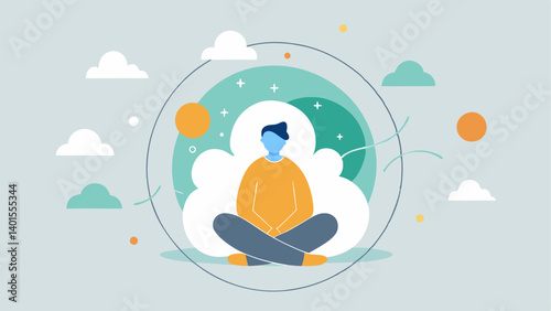 Bubble of Serenity A person sitting in a bubble filled with peaceful imagery clouds sunshine while outside influences are depicted as chaotic swirls showing the protection