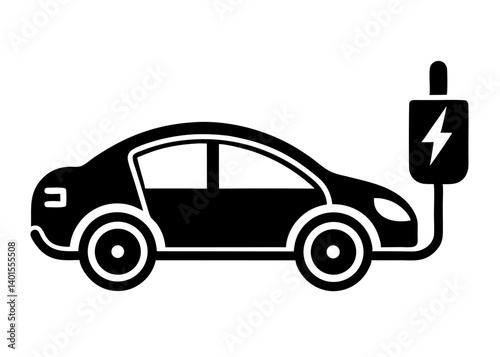 Electric Car Charging Icon: A sleek and modern silhouette of an electric car connected to a charging station. A visual representation of sustainable transportation and environmental responsibility.