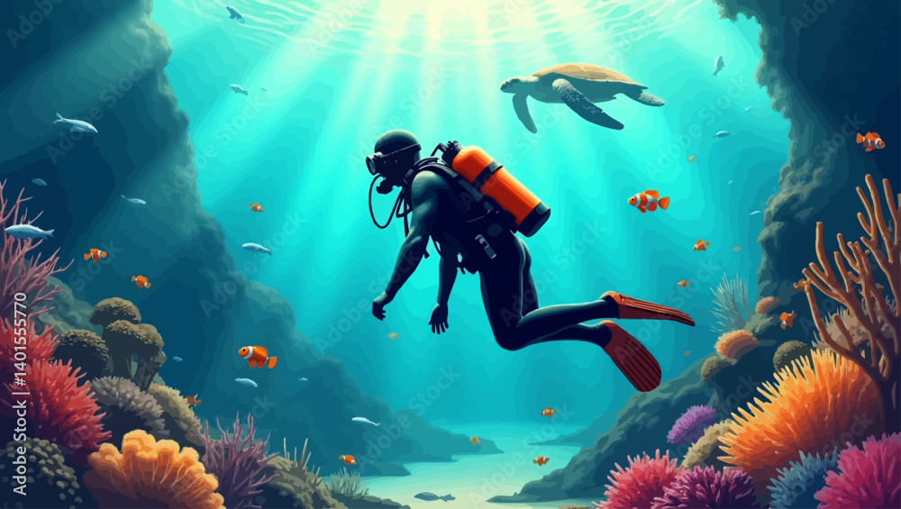 Vector illustration of a scuba diver swimming through vibrant coral reefs with a sea turtle and fish around.