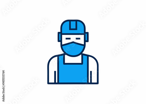 Industrial Worker Icon: A blue icon of an industrial worker in a construction hardhat and protective face mask, perfect for illustrating industrial work and safety.