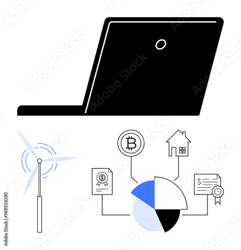 Laptop overseeing relationships between wind turbine, blockchain, property, certification, and pie chart. Ideal for technology, finance, blockchain, sustainability data management ownership