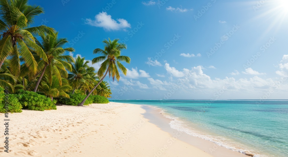 Tropical beach with palm trees white sand and turquoise sea under blue sky. Tropical beach with palm trees white sand and turquoise sea under blue sky.