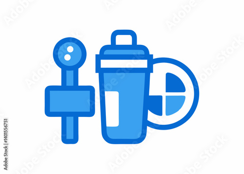 Gym essentials icon: A vibrant icon encapsulates fitness with a shaker, dumbbell and plate, a symbol of health and wellness. 