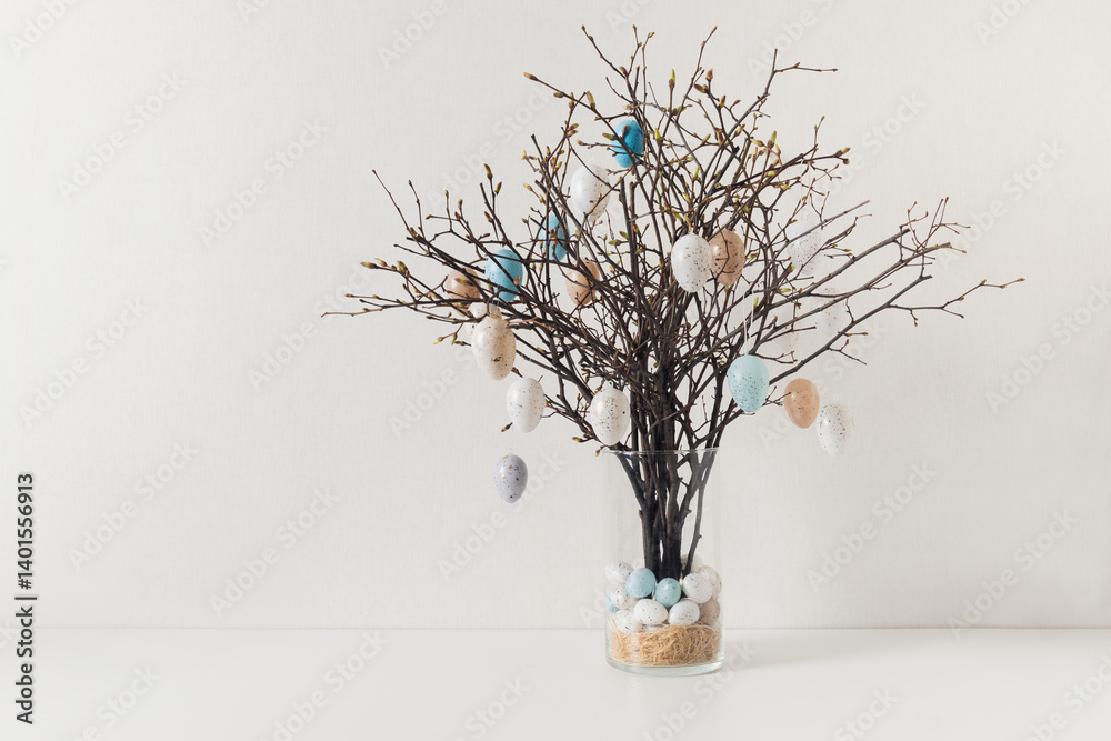 Easter tree decorated colorful pastel white and beige eggs. Birch branches with hang eggs in vase on white table. Copy space. Home decoration