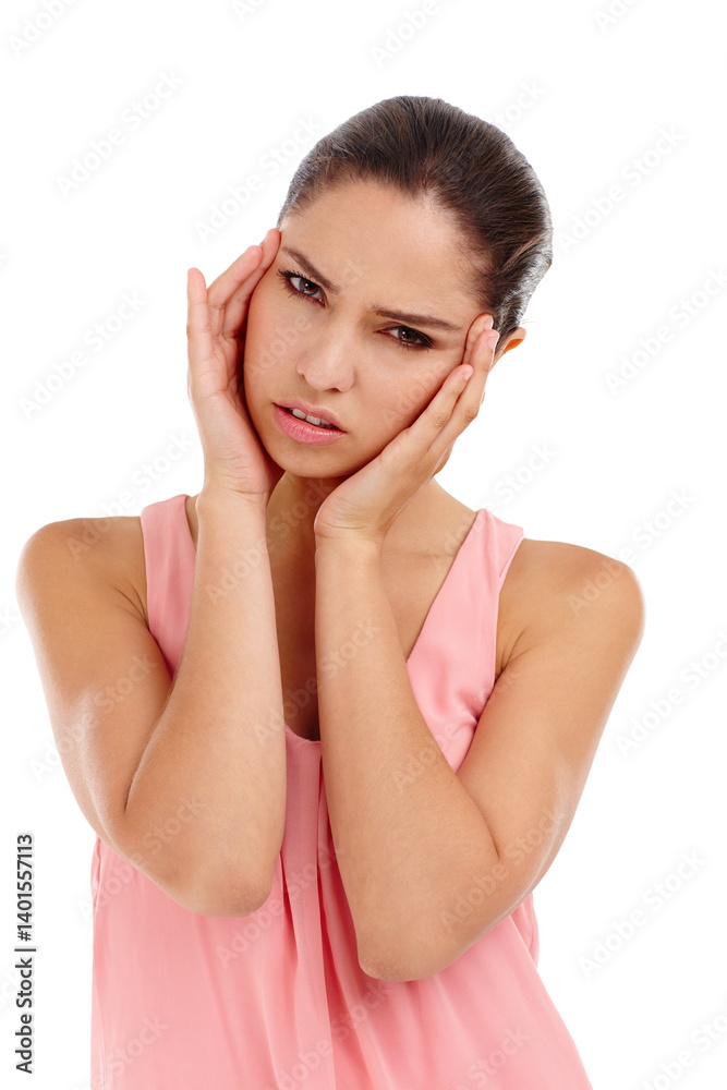 Headache, pain and portrait of woman on a white background with stress, anxiety and worry. Health, fatigue and upset isolated person massage temple for burnout, frustrated and migraine in studio Headache, pain and portrait of woman on a white background with stress, anxiety and worry. Health, fatigue and upset isolated person massage temple for burnout, frustrated and migraine in studio