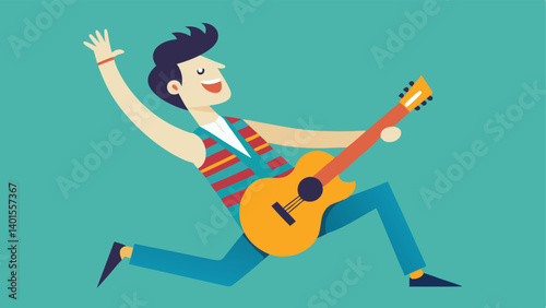 Lean and Lively The illustration features a musician leaning back at an exaggerated angle with exuberance. One arm extends back holding the guitar while the other arm reaches out