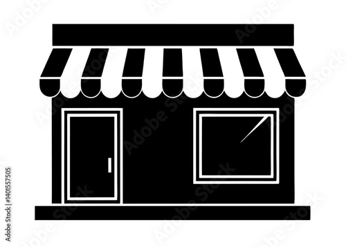 Storefront Silhouette: An iconic black and white depiction of a storefront, complete with a striped awning, entrance door, and inviting window, symbolizing the essence of commerce and retail.