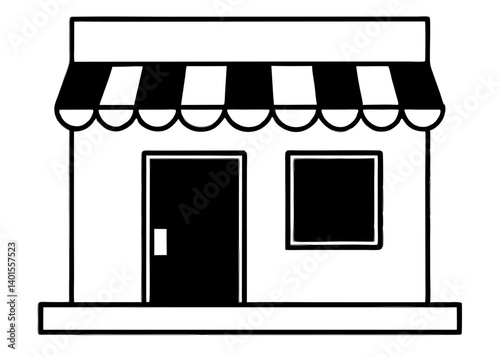Shopfront Illustration: A minimalist line drawing captures the essence of a classic shopfront, showcasing a striped awning, a welcoming door, and a simple window.