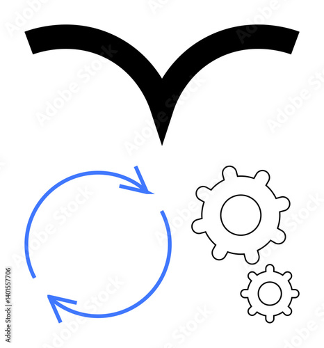 Black split path symbol, blue circular arrows, and two gears signify decision making, process workflow, and iterative cycles. Ideal for business, technology, automation, teamwork development