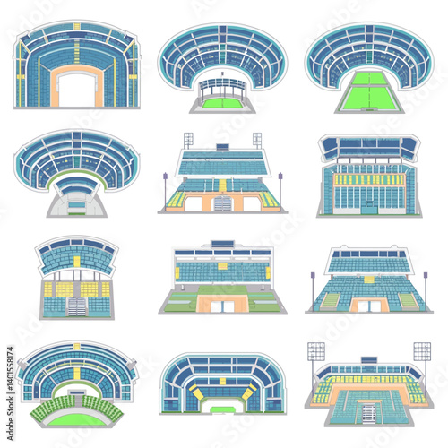 Colorful collection of tennis courts and stadiums in various vector layouts, highlighting different angles and crowd capacities.