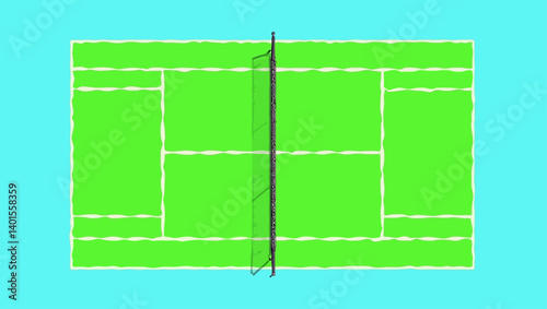 Simplified top-down view of a tennis court with net and clear white lines on green background and blue border.