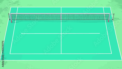 Perspective view of a tennis court with a realistic net and clean white lines over a soft green surface.
