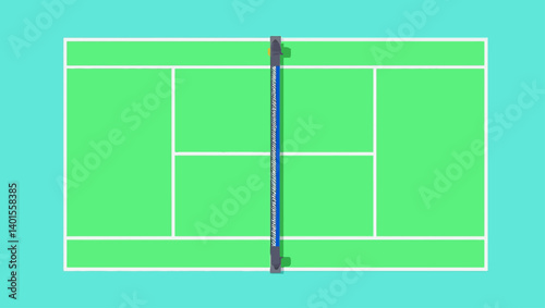 Top-down vector view of a symmetrical tennis court with net and bold white lines over bright green background.