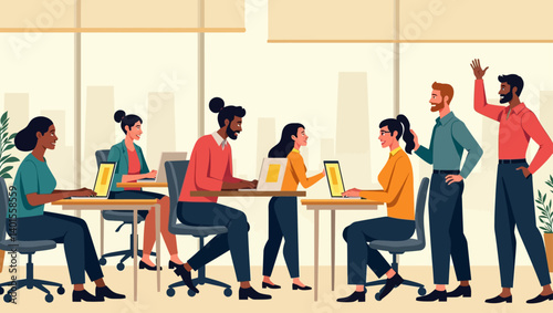 Diverse team members engaging in conversations and laptop work in a vibrant office setting with a creative atmosphere.
