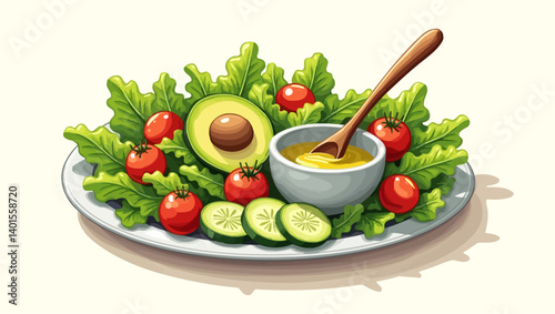 Vector salad with avocado, cucumber, cherry tomatoes, leafy greens, and creamy dressing, arranged in a delicious layout.